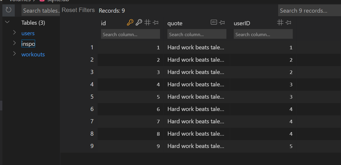 Inspo SQlite table